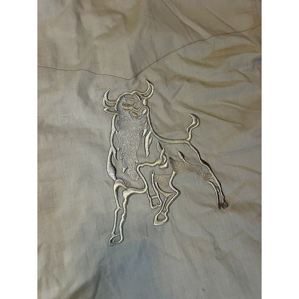 VTG WRANGLER Tan Beige Western Shirt  Pearl Snap Rodeo Bull Embroidery Large